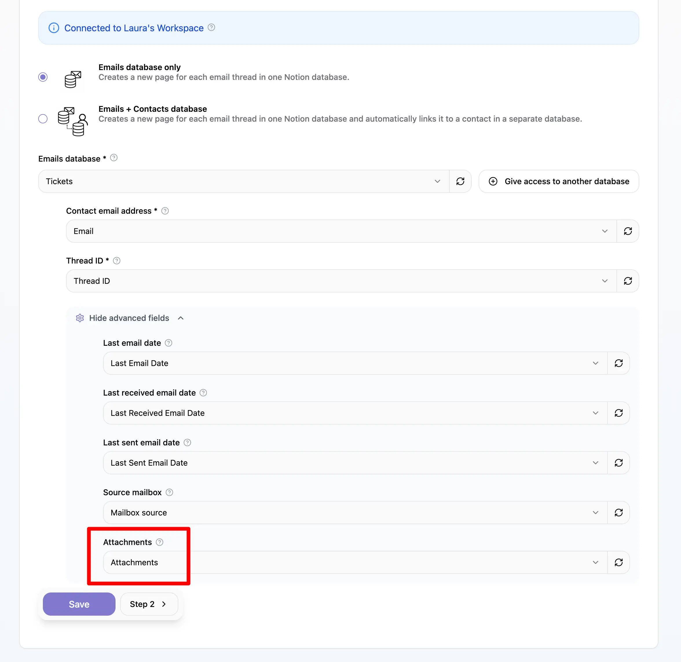 Attachments property setup
