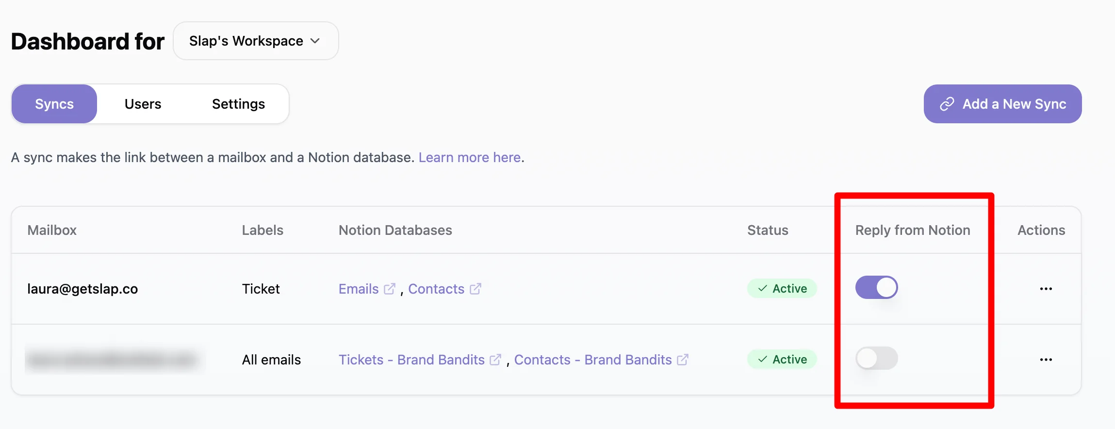 Liste des synchronisations SlapMail - activer la fonctionnalité de réponse depuis Notion par synchronisation