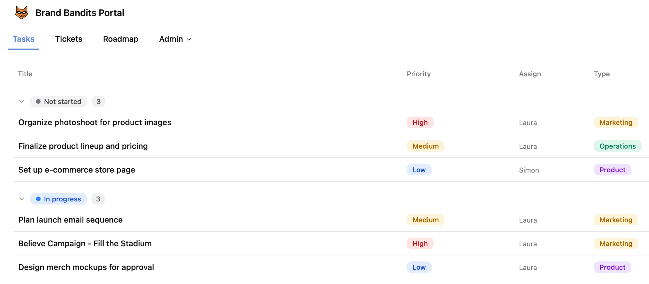Screenshot for SlapPortal - Clients only see their tickets, the tasks associated to their company, and all the public tasks in the roadmap. 