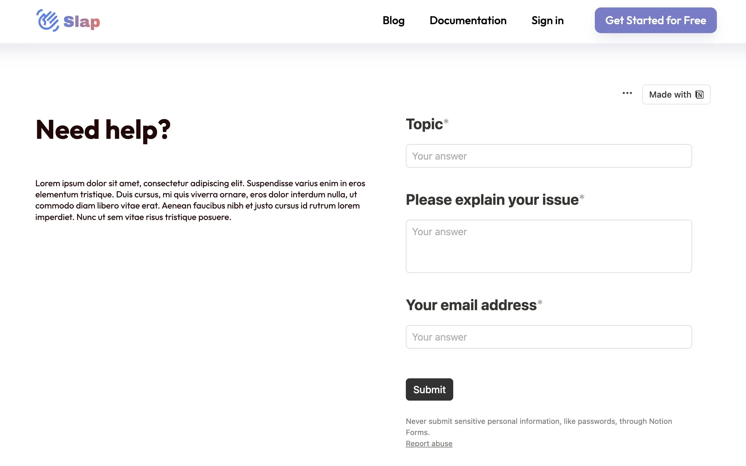 Notion Form for submitting support tickets