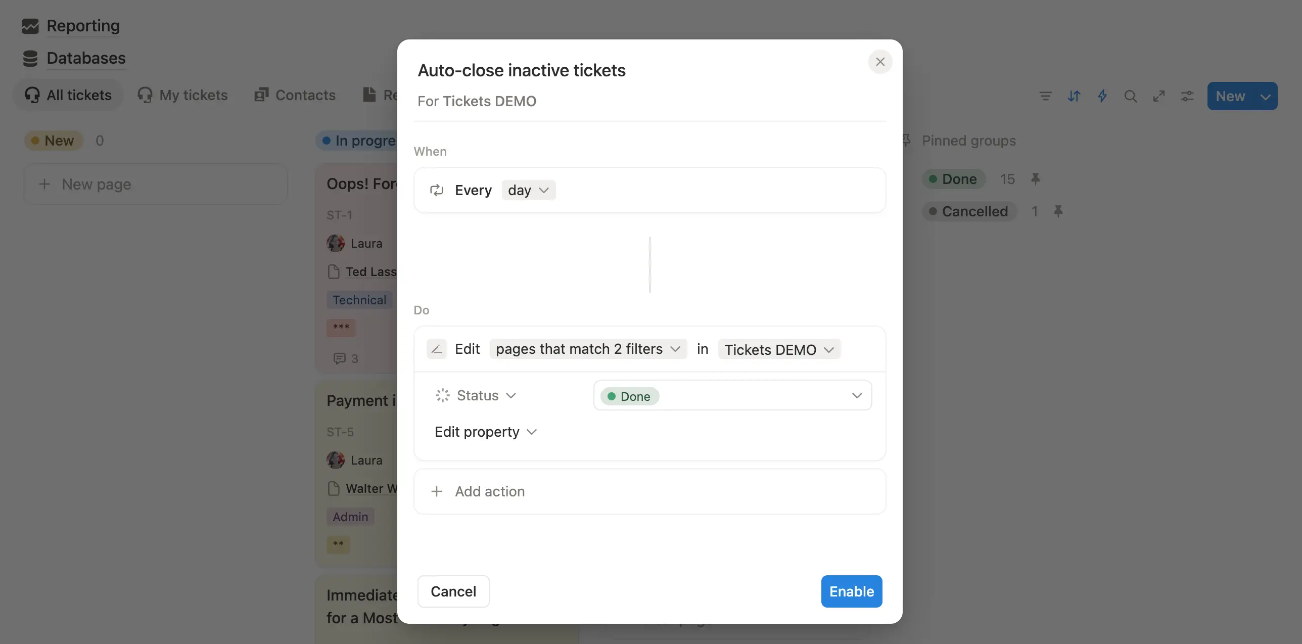 Notion automation for auto-closing inactive tickets