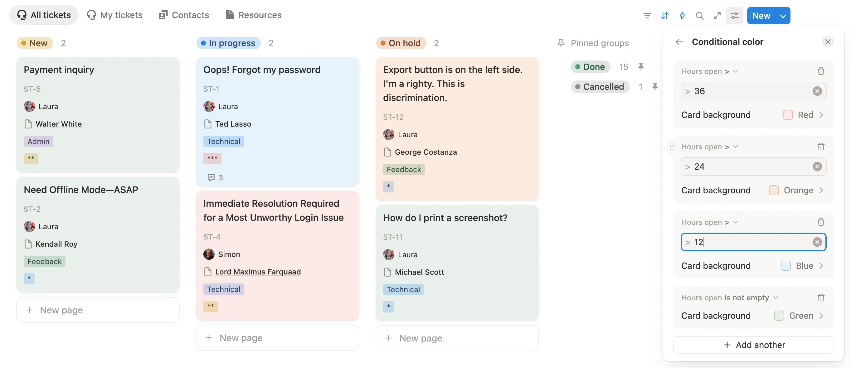 Board with color formatting highlighting ticket age