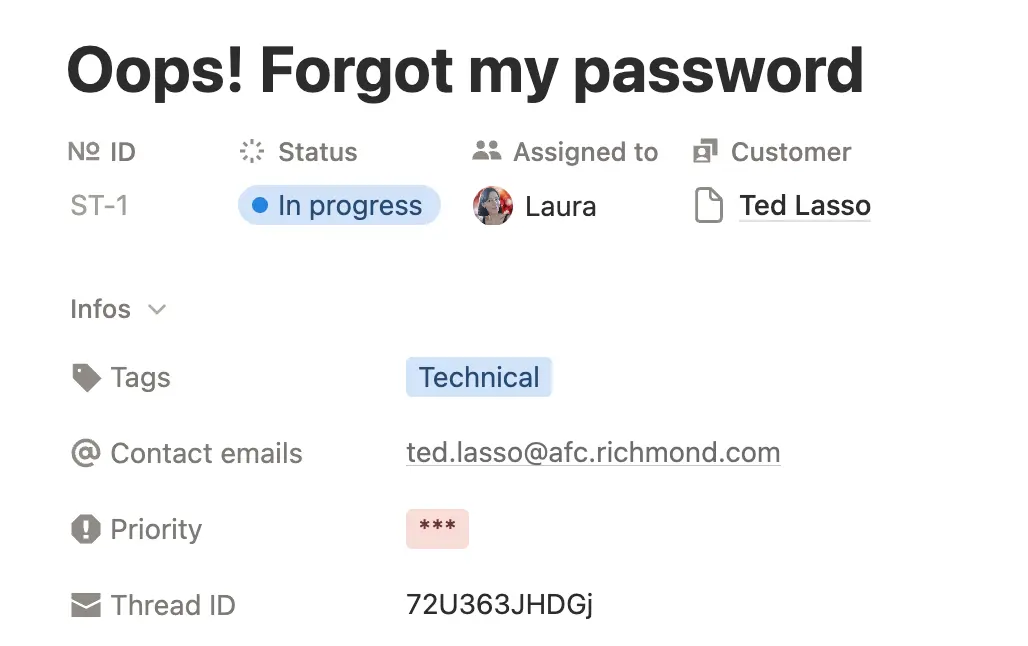 Tickets main database properties in Notion