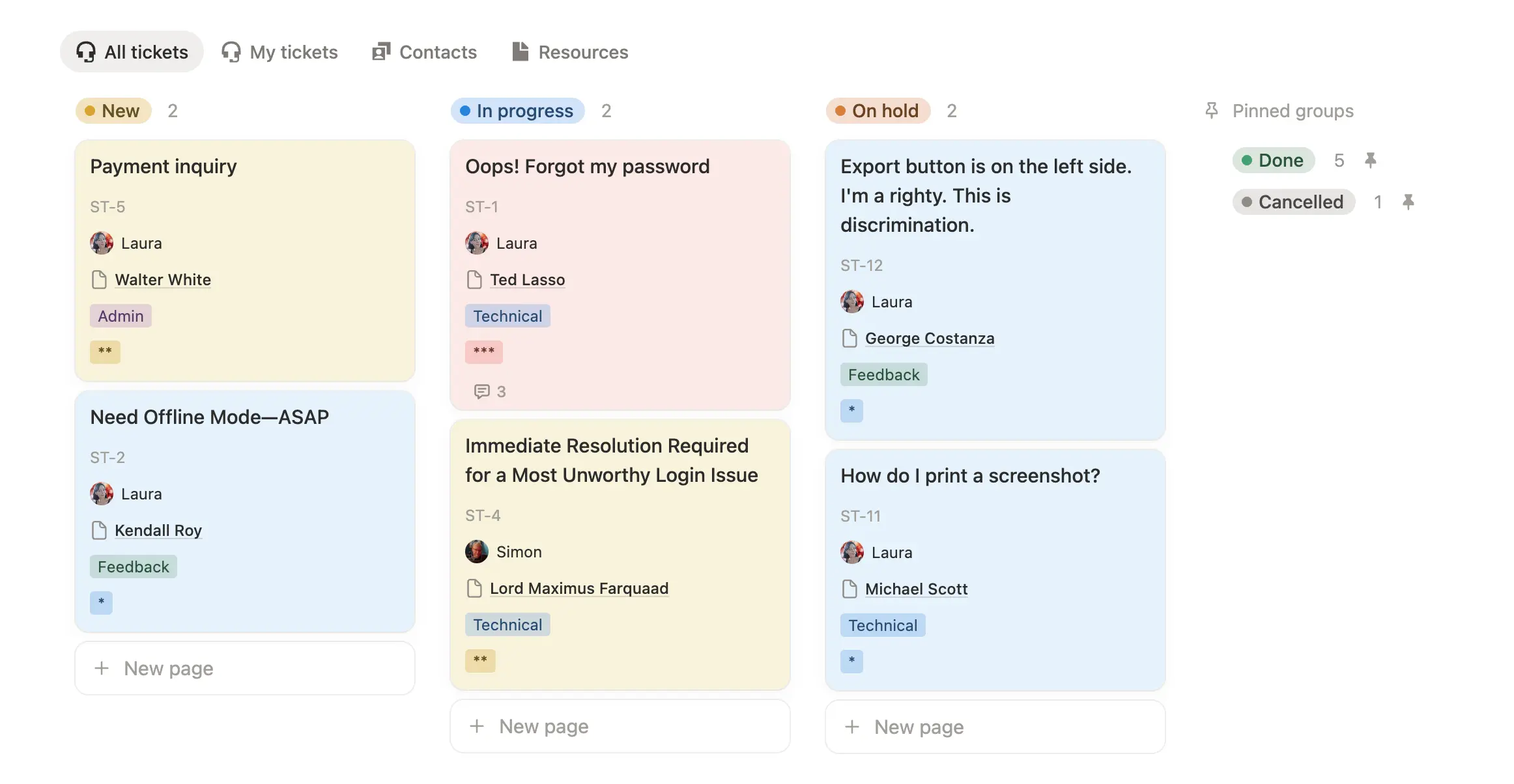 Kanban board view with tickets organized by status