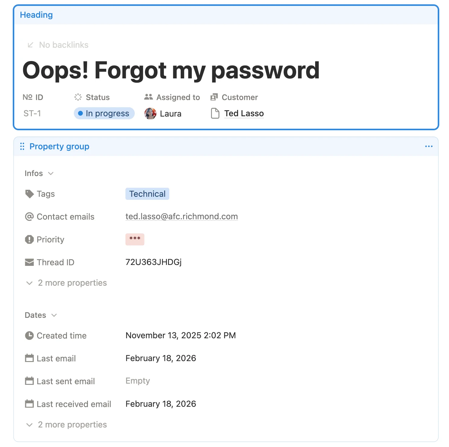 Ticket page layout with properties grouped into sections