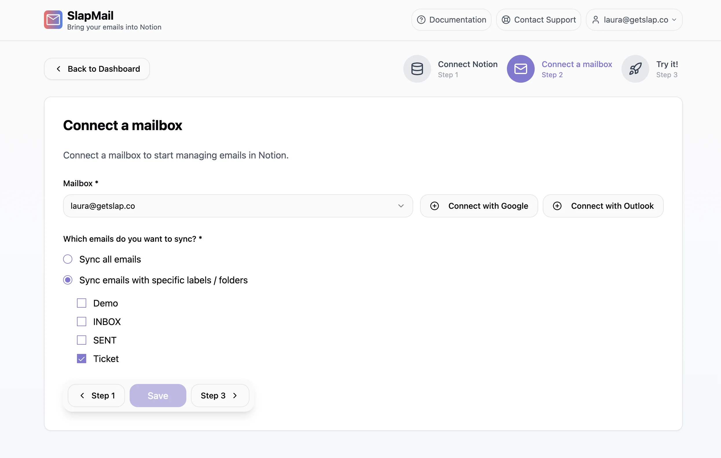 SlapMail mailbox connection